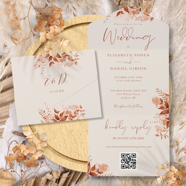 Invitation Tout En Un Code QR Floral Automne Rustique Mariage (Rustic Autumn Fall Floral QR Code Wedding All In One Invitation)