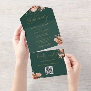 Invitation Tout En Un Code QR floral émeraude et or pour mariage d'autom