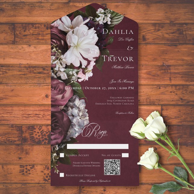 Invitation Tout En Un Code QR floral foncé et bordeaux et crème (Dark Elegant Burgundy & Cream Floral QR Code All In One Invitation)