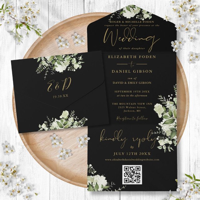 Invitation Tout En Un Code QR Floral noir et or Mariage officiel (Black And Gold Floral QR Code Formal Wedding All In One Invitation)