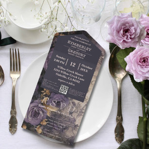 Invitation Tout En Un Code QR floral Rose foncé élégant