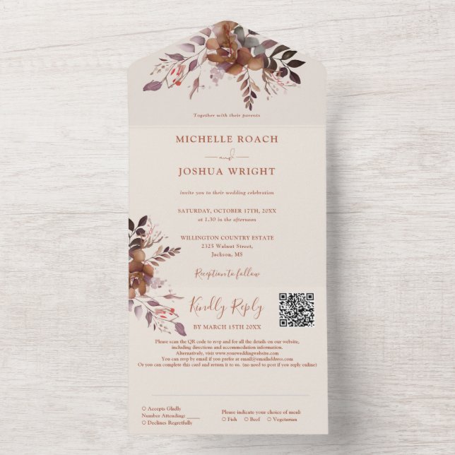 Invitation Tout En Un Code QR floral rustique Mariage automnal (À l'intérieur)
