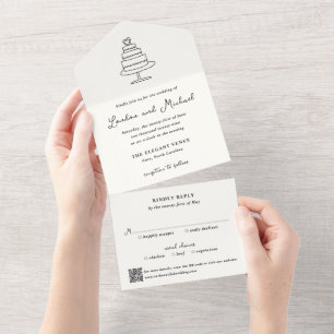 Invitation Tout En Un Code QR gâteau dessiné à la main mariage moderne