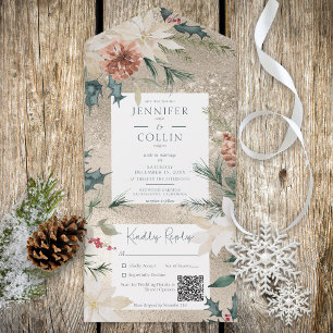 Invitation Tout En Un Code QR Gold Pine & Berries