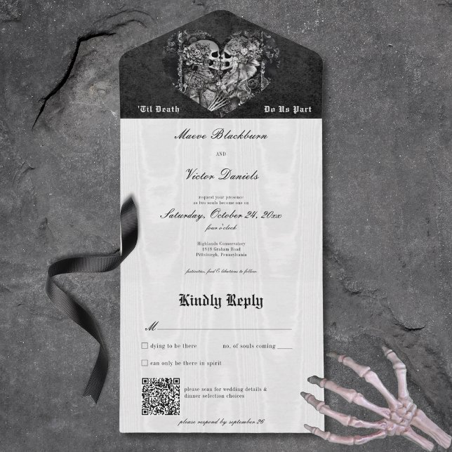 Invitation Tout En Un Code QR gothique noir et blanc Squelette Couple (Gothic Black & White Skeleton Couple QR Code All In One Invitation)