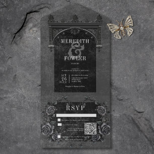 Invitation Tout En Un Code QR gothique noir et Rose noir