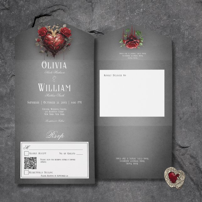 Invitation Tout En Un Code QR gothique noir foncé et roses rouges (Gothic Black Dark Heart & Red Roses All In One Wedding Invitation with QR Code)