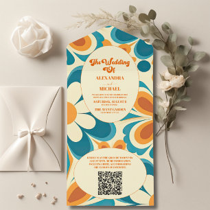 Invitation Tout En Un Code QR Groovy Coloré Mariage Rétro Unique