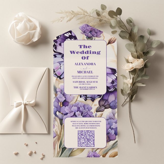 Invitation Tout En Un Code QR Lavande violet Floral Mariage élégant (Créateur téléchargé)