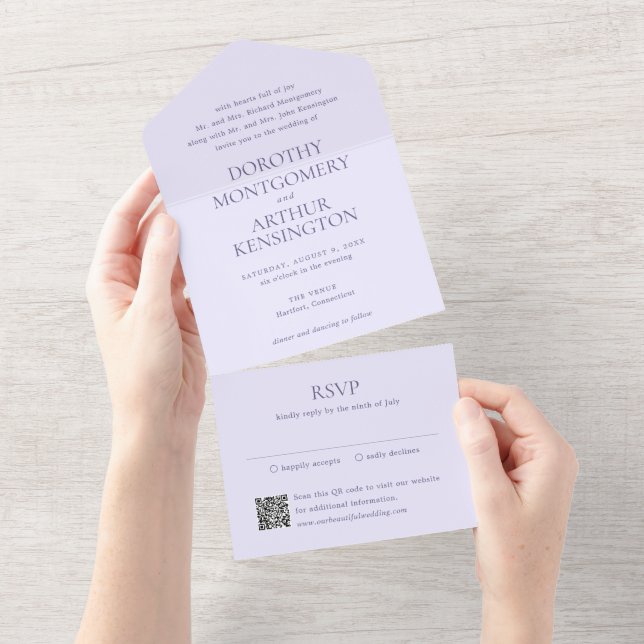 Invitation Tout En Un Code QR lilas moderne élégant de mariage (Déchirure)