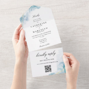 Invitation Tout En Un Code QR Mariage à Paillettes d'Or Aquarelle Bleue