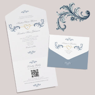 Invitation Tout En Un Code QR Mariage bleu vintage Dusty