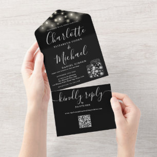 Invitation Tout En Un Code QR Mariage Bocal Mason Lumières Noir Et Blanc