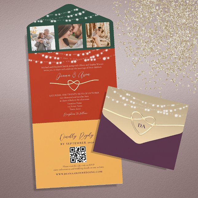 Invitation Tout En Un Code QR Mariage Chic String Lights (Créateur téléchargé)