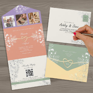 Invitation Tout En Un Code QR Mariage de printemps floral coloré