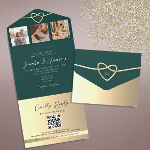 Invitation Tout En Un Code QR Mariage Emerald Green