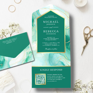 Invitation Tout En Un Code QR Mariage Encre Fluide Abstraite Or Vert Men