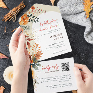 Invitation Tout En Un Code QR mariage floral élégant