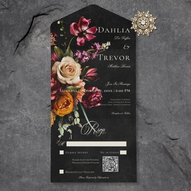 Invitation Tout En Un Code QR Mariage floral foncé à l'automne (Dark Elegant Autumn Floral Wedding QR Code All In One Invitation)