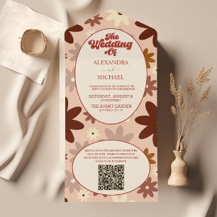 Invitation Tout En Un Code QR Mariage Floral Rétro Groovy 70s