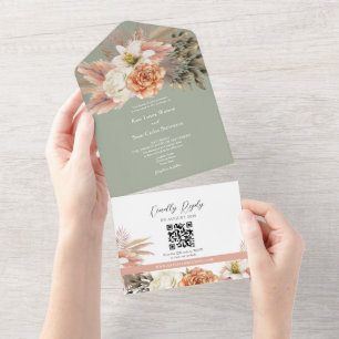 Invitation Tout En Un Code QR Mariage Floral Vert Sauge