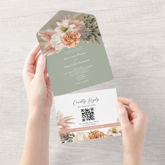 Invitation Tout En Un Code QR Mariage Floral Vert Sauge (Déchirure)