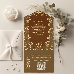 Invitation Tout En Un Code QR Mariage Livre de Bibliothèque Vintage