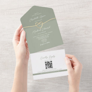 Invitation Tout En Un Code QR Mariage minimaliste Sage vert