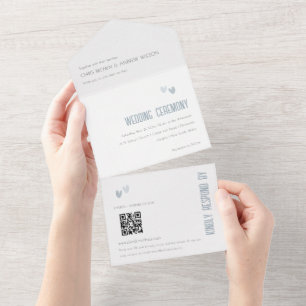 Invitation Tout En Un Code QR Mariage minimum Pastel Dusky Blue Hearts
