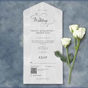 Invitation Tout En Un Code QR minimaliste moderne en satin blanc Taffeta