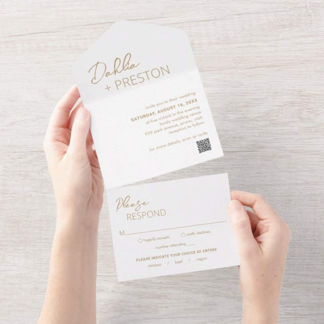 Invitation Tout En Un Code QR minimum or Mariage moderne (Déchirure)