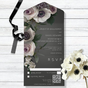 Invitation Tout En Un Code QR moderne floral blanc & charbon foncé