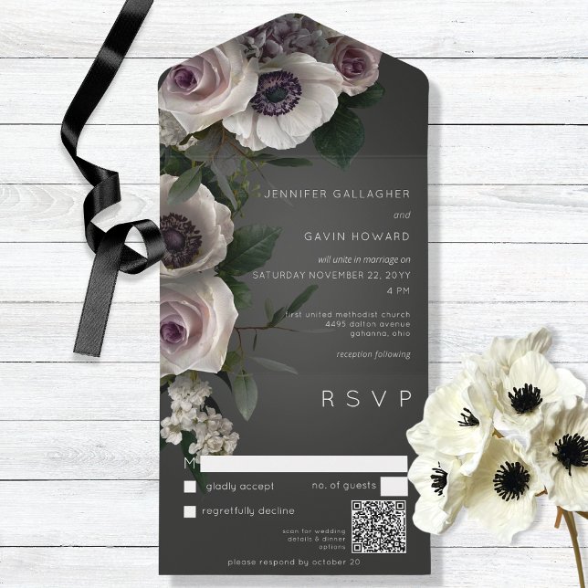 Invitation Tout En Un Code QR moderne floral blanc & charbon foncé (Créateur téléchargé)