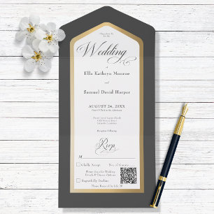 Invitation Tout En Un Code QR moderne minimaliste noir et blanc or