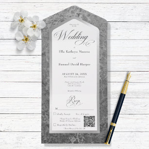 Invitation Tout En Un Code QR moderne minimaliste noir et Marbre blanc a