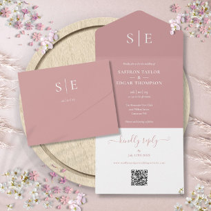 Invitation Tout En Un Code QR moderne Monogramme Rose Poussiéreux Mariag
