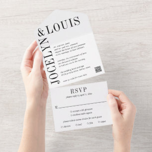 Invitation Tout En Un Code QR moderne noir et blanc gras Mariage