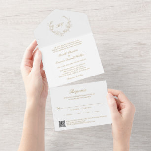 Invitation Tout En Un Code QR Monogramme Couronne d'Or Mariage Élégant