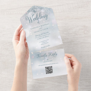 Invitation Tout En Un Code QR monogramme de flocons de neige Mariage d'h