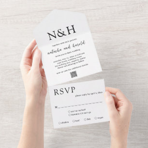 Invitation Tout En Un Code QR Monogramme Gras Mariage Noir et Blanc