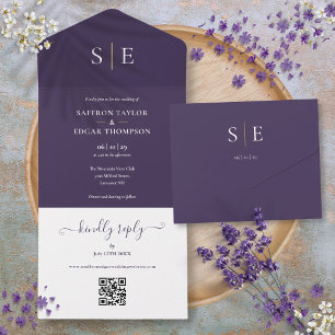 Invitation Tout En Un Code QR Monogramme Mariage Violet Et Or