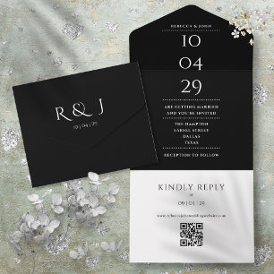 Invitation Tout En Un Code QR Monogramme Noir Et Blanc Date De Mariage