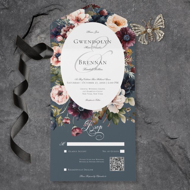 Invitation Tout En Un Code QR Moody Bleu Ovale foncé (Dark Moody Blue Oval Floral Frame QR Code All In One Invitation)