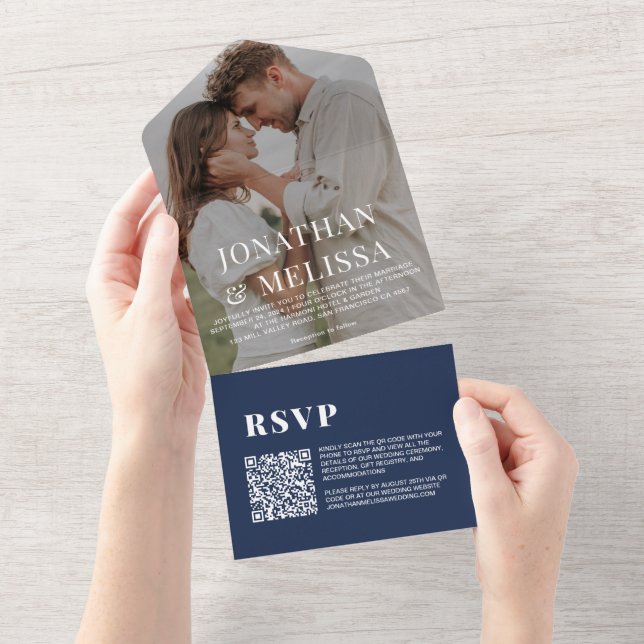 Invitation Tout En Un Code QR | Navy Blue Simple Overlay Mariage photo (Déchirure)