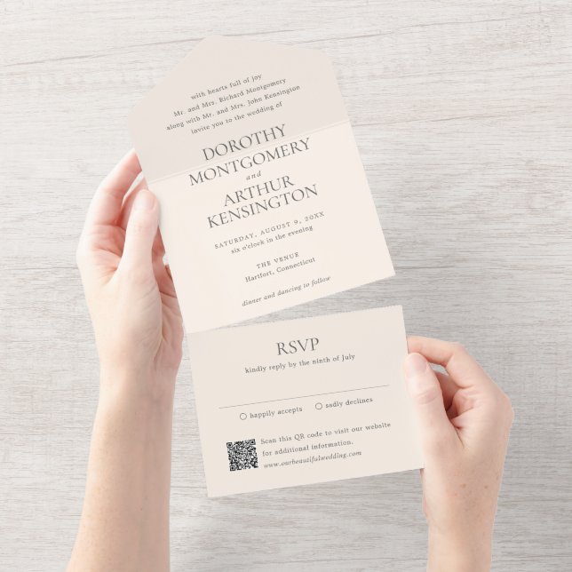 Invitation Tout En Un Code QR neutre Terre moderne Mariage élégant (Déchirure)