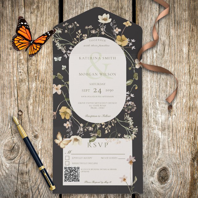 Invitation Tout En Un Code QR noir du cadre Fleur sauvage rustique (Créateur téléchargé)
