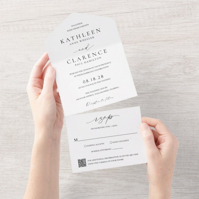 Invitation Tout En Un Code QR noir et blanc classique Mariage élégant (Déchirure)