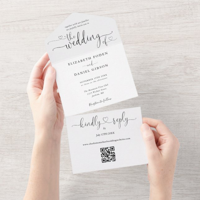 Invitation Tout En Un Code QR noir et blanc Script coeurs Mariage (Déchirure)
