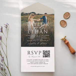 Invitation Tout En Un Code QR Photo Mariage Élégant Blanc