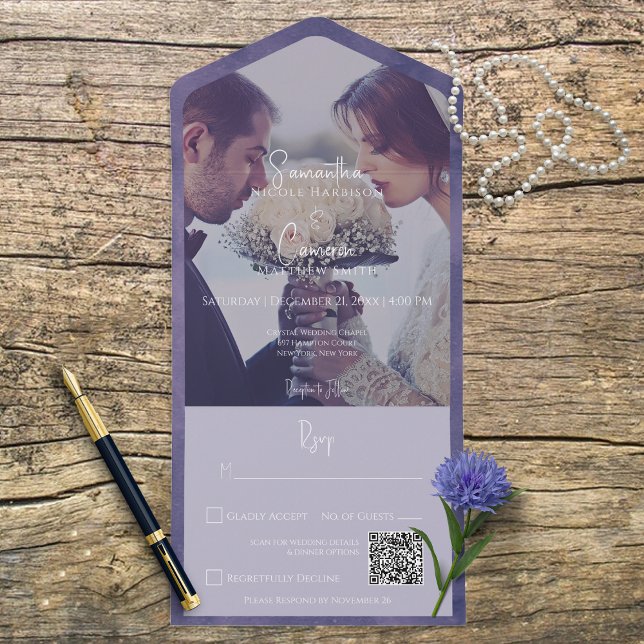 Invitation Tout En Un Code QR photo moderne violet (Créateur téléchargé)